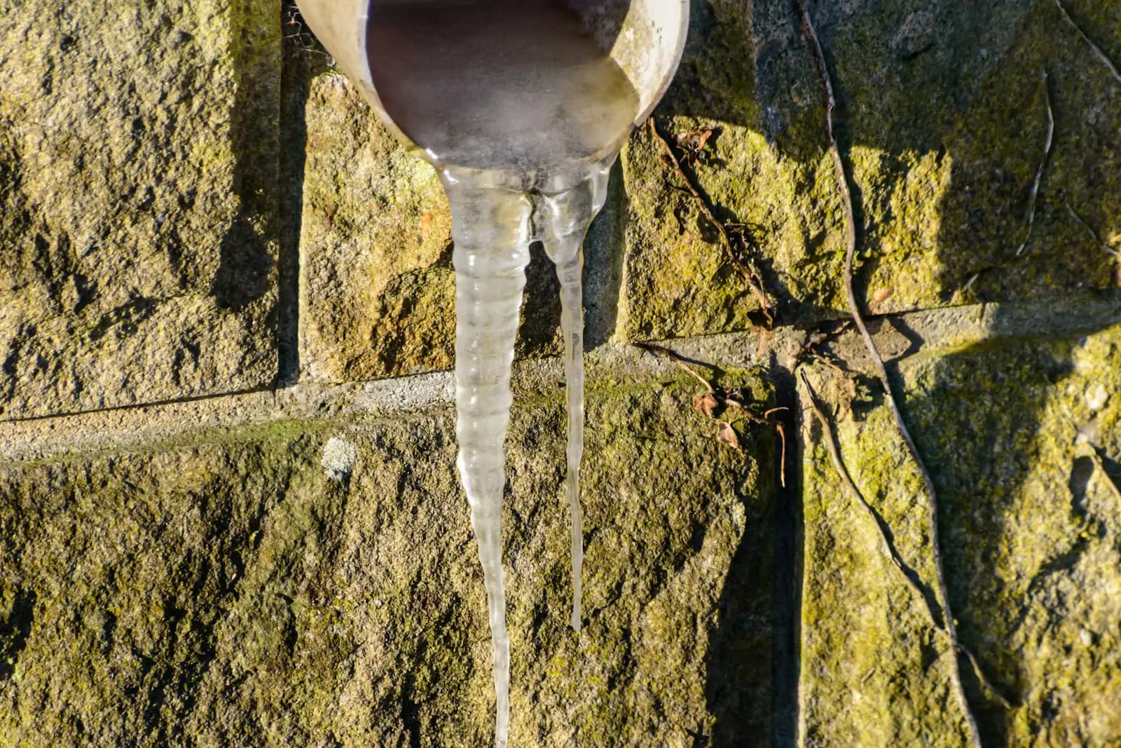 Icicles hanging from a pipe on a stone wall