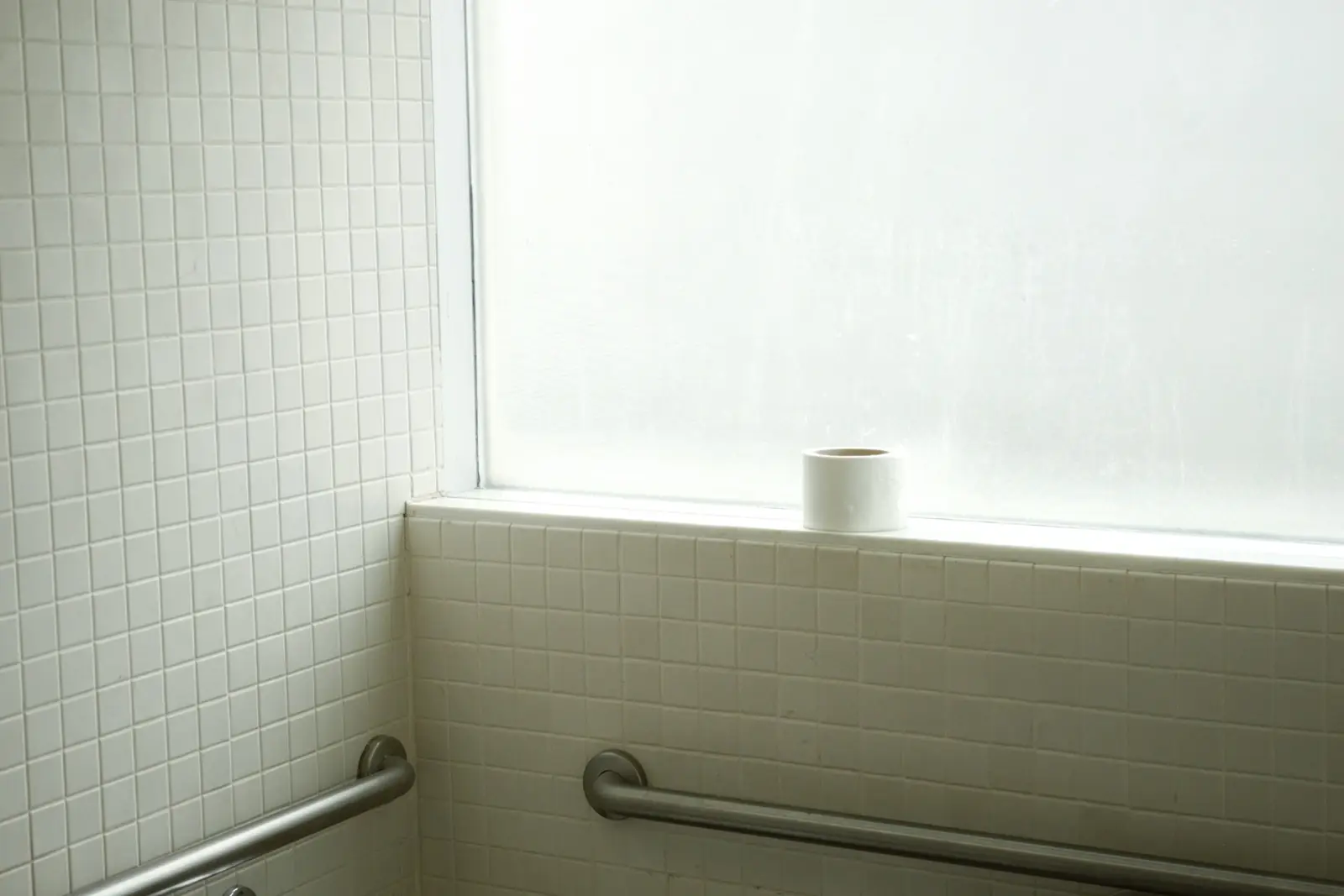 Small cloakroom toilet with a frosted window and grab rail
