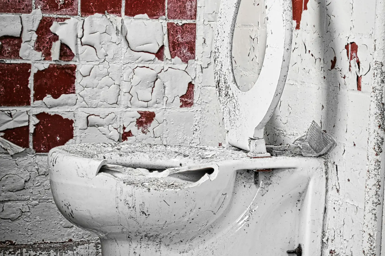 Old cracked toilet pan in a run-down bathroom