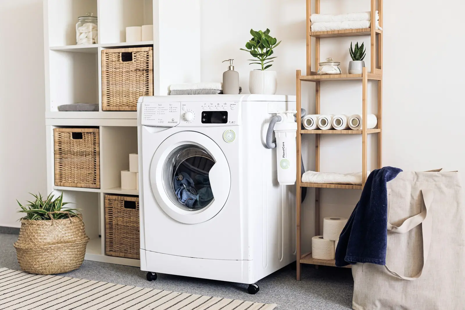 Front-loading washing machine in a utility area with shelving